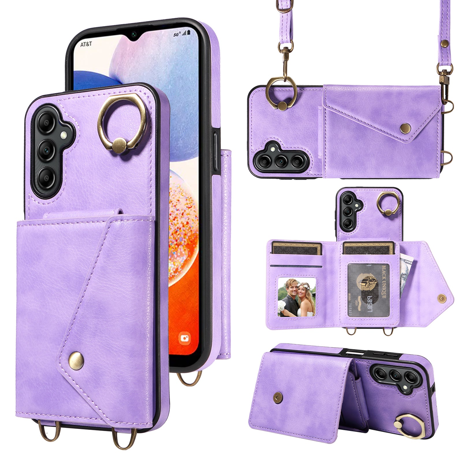 002 For Samsung Galaxy A14 4G 5G Card Bag Ring Kickstand Cover Litchi Texture Leather Coated TPU Phone Case with Shoulder Strap 002 For Samsung Galaxy A14 4G 5G Card Bag Ring Kickstand Cover Litchi Texture Leather Coated TPU Phone Case with Shoulder Strap
